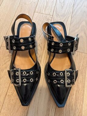 GANNI Women's Feminine Buckle Slingback Ballerina Flats Black Size 41